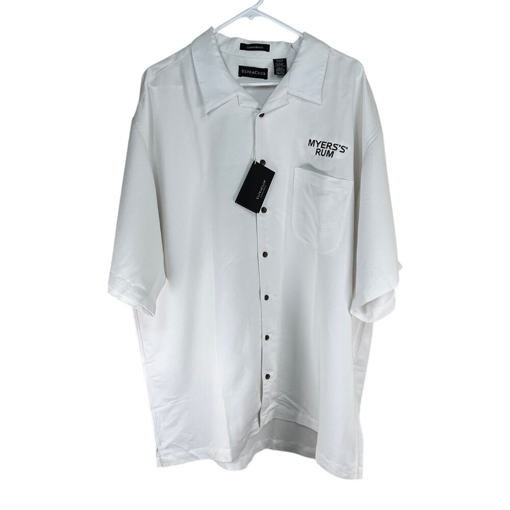 UltraClub Cabana Breeze 2XL White Myers’s Rum Logo Camp Shirt NWT Rayon Blend
